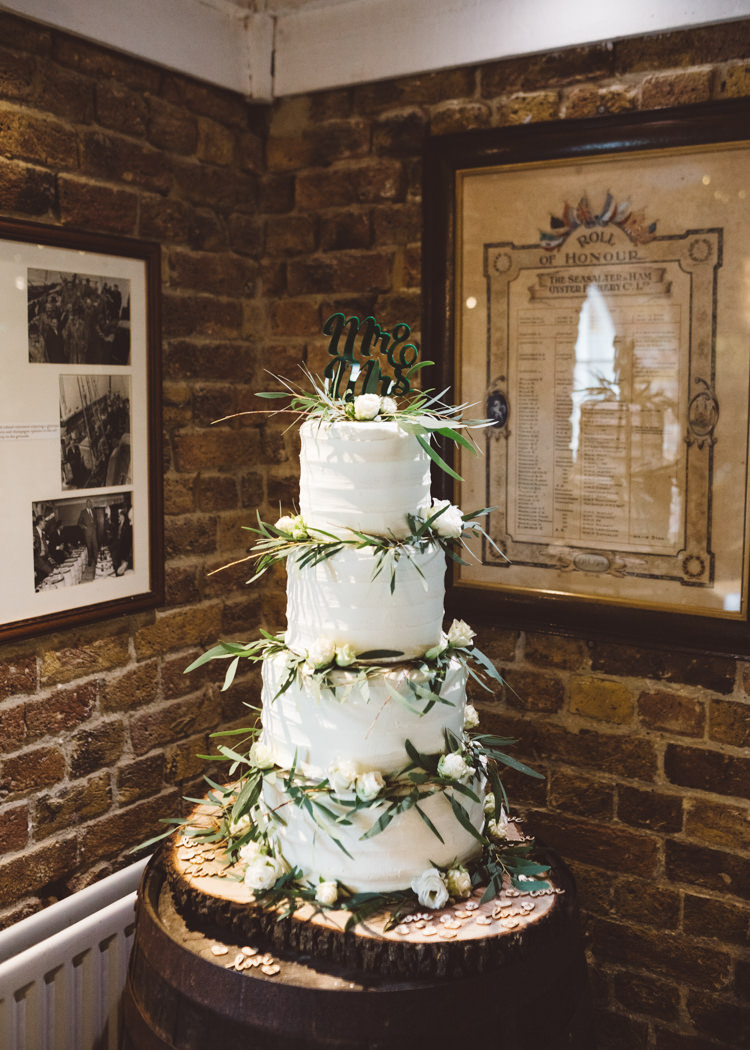 Buttercream Cake Wood Slice Four Tier Greenery Rose Laser Cut Topper Barrel Cool Stylish Windy Coastal Wedding East Quay Lobster Shack Whitstable http://holliecarlinphotography.com/