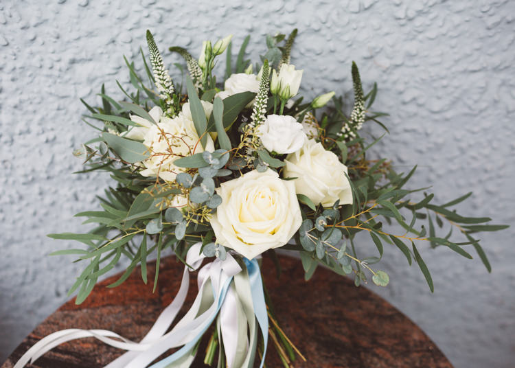 Bride Bridal Bouquet Cream White Rose Greenery Ribbons Cool Stylish Windy Coastal Wedding East Quay Lobster Shack Whitstable http://holliecarlinphotography.com/