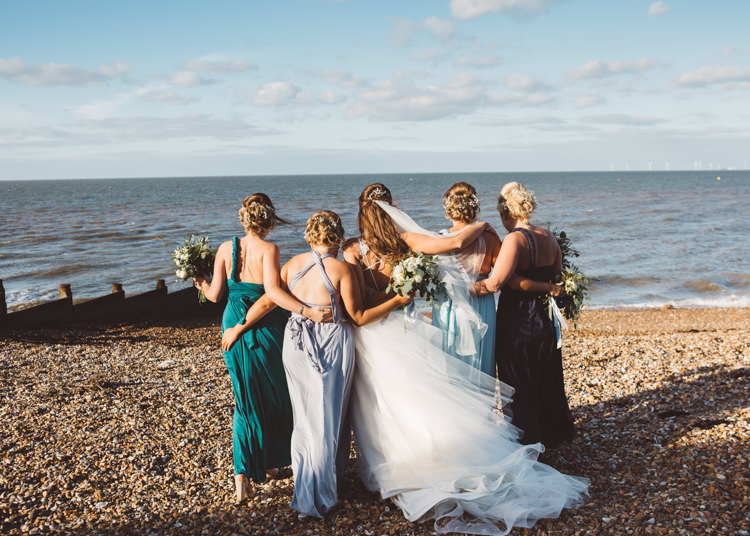 Bride Bridal Hayley Paige Dress Gown Tulle Princess Bridesmaids Green Blue Multiway Bouquet Ribbon Cool Stylish Windy Coastal Wedding East Quay Lobster Shack Whitstable http://holliecarlinphotography.com/