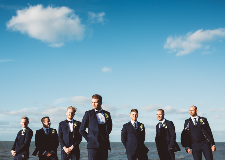 Groom Groomsmen Navy Blue Tuxedo Suit Waistcoat Bow Tie Cool Stylish Windy Coastal Wedding East Quay Lobster Shack Whitstable http://holliecarlinphotography.com/