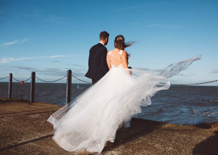 Bride Bridal Hayley Paige Dress Gown Tulle Princess Tuxedo Groom Waistcoat Navy Bow Tie Cool Stylish Windy Coastal Wedding East Quay Lobster Shack Whitstable http://holliecarlinphotography.com/