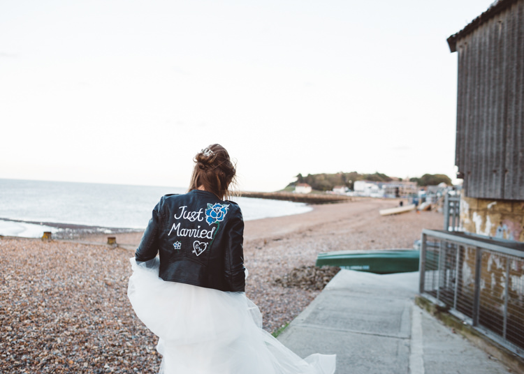 Bride Bridal Hayley Paige Dress Gown Tulle Princess Leather Jacket Just Married Hand Painted Cool Stylish Windy Coastal Wedding East Quay Lobster Shack Whitstable http://holliecarlinphotography.com/