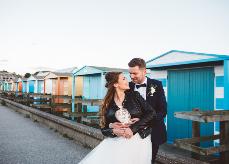 Bride Bridal Hayley Paige Dress Gown Tulle Princess Tuxedo Groom Waistcoat Navy Bow Tie Leather Jacket Beach Huts Cool Stylish Windy Coastal Wedding East Quay Lobster Shack Whitstable http://holliecarlinphotography.com/