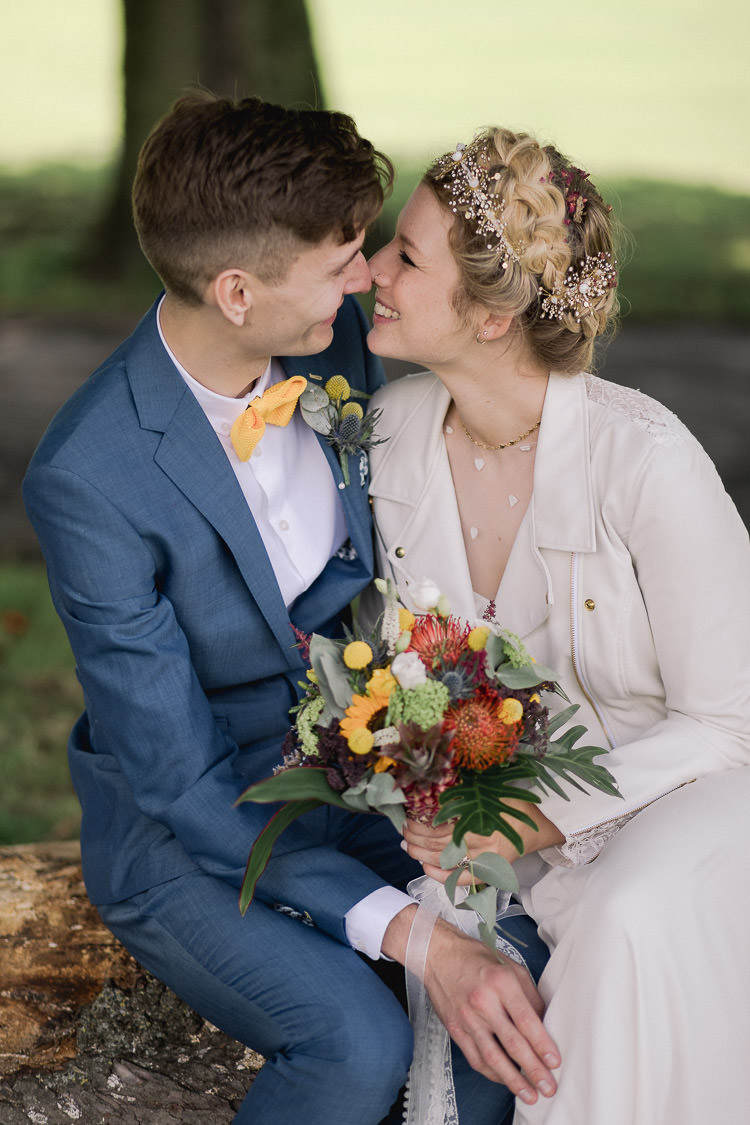 Groom Blue Suit Bow Tie Yellow Colourful Indie London City Wedding Clissold House West Reservoir Centre https://www.murrayclarke.co.uk/