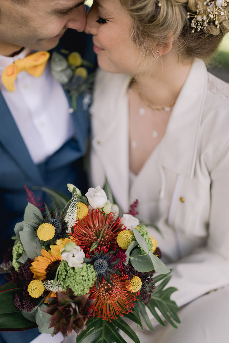 Flowers Bouquet Bride Bridal Yellow Red Sunflower Billy Ball Colourful Indie London City Wedding Clissold House West Reservoir Centre https://www.murrayclarke.co.uk/