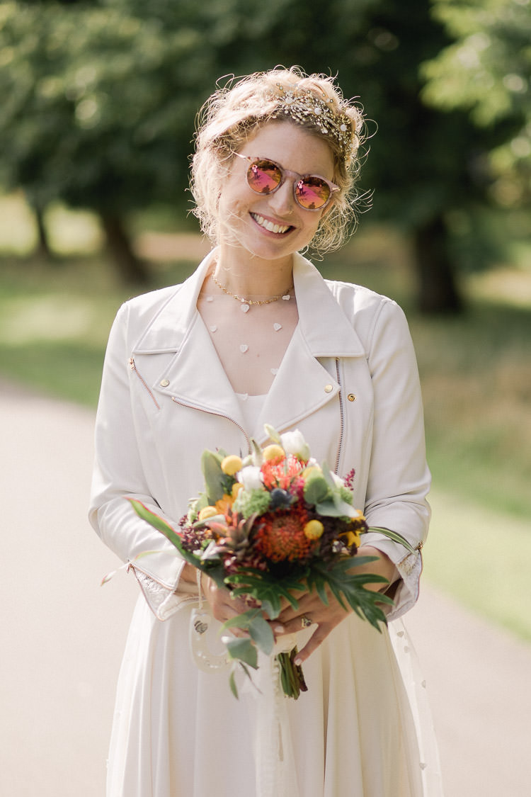 Poppy Dover Overlay Dress Gown Bride Bridal Otaduy Leather Jacket Colourful Indie London City Wedding Clissold House West Reservoir Centre https://www.murrayclarke.co.uk/