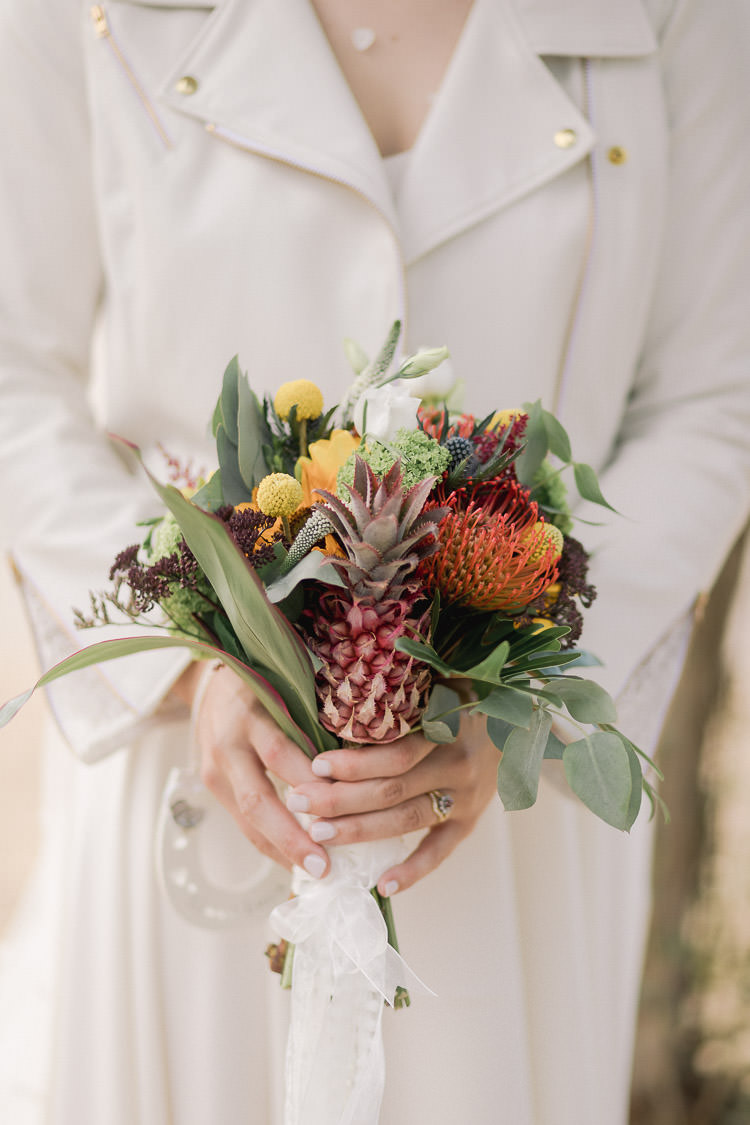 Flowers Bouquet Bride Bridal Yellow Red Sunflower Billy Ball Ribbon Colourful Indie London City Wedding Clissold House West Reservoir Centre https://www.murrayclarke.co.uk/