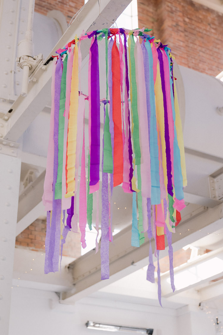 Rainbow Streamer Hoop Hanging Suspended Decor Colourful Indie London City Wedding Clissold House West Reservoir Centre https://www.murrayclarke.co.uk/