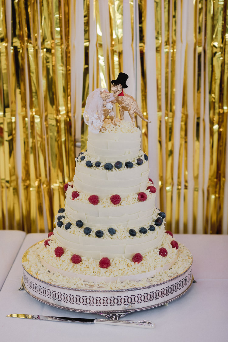 White Chocolate Cake Dinosaur Colourful Indie London City Wedding Clissold House West Reservoir Centre https://www.murrayclarke.co.uk/