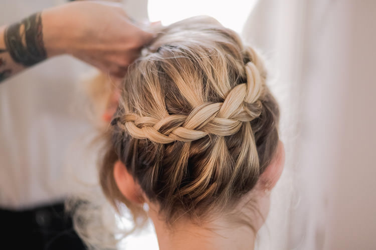 Hair Bride Bridal Halo Braid Plait Style Up Do Colourful Indie London City Wedding Clissold House West Reservoir Centre https://www.murrayclarke.co.uk/