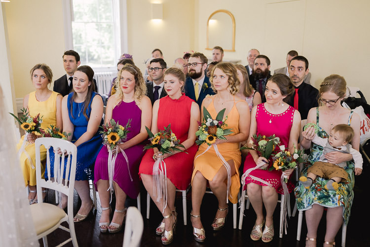 Rainbow Bridesmaid Dresses Mismatched Colourful Indie London City Wedding Clissold House West Reservoir Centre https://www.murrayclarke.co.uk/