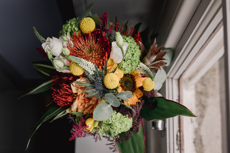 Flowers Bouquet Bride Bridal Yellow Red Sunflower Billy Ball Colourful Indie London City Wedding Clissold House West Reservoir Centre https://www.murrayclarke.co.uk/