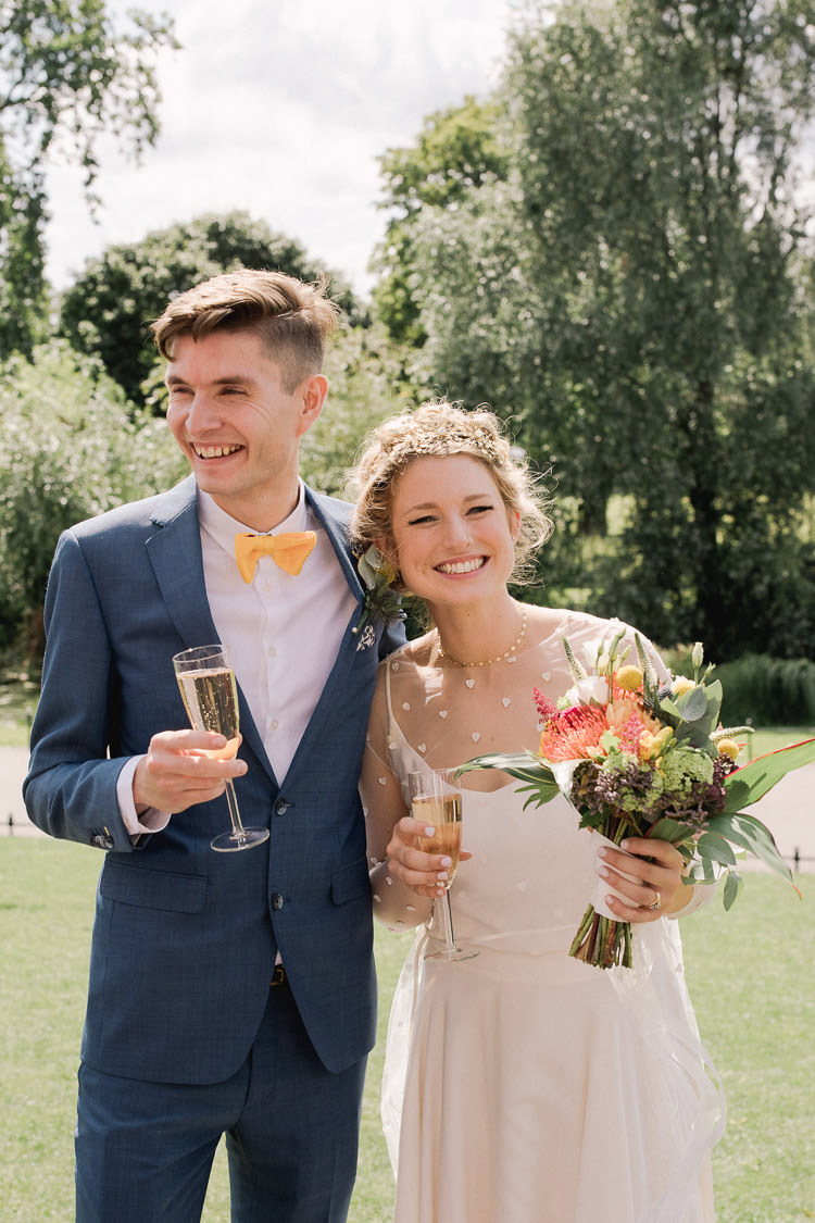 Groom Blue Suit Bow Tie Yellow Colourful Indie London City Wedding Clissold House West Reservoir Centre https://www.murrayclarke.co.uk/