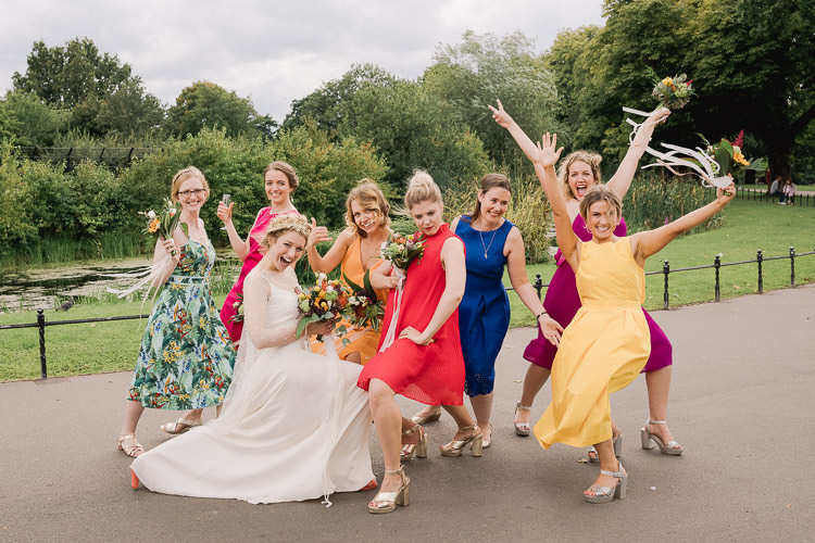 Rainbow Bridesmaid Dresses Mismatched Colourful Indie London City Wedding Clissold House West Reservoir Centre https://www.murrayclarke.co.uk/