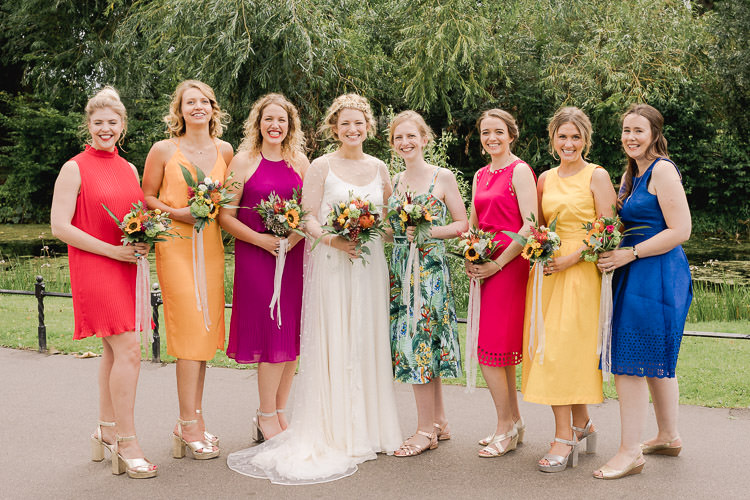 Rainbow Bridesmaid Dresses Mismatched Colourful Indie London City Wedding Clissold House West Reservoir Centre https://www.murrayclarke.co.uk/