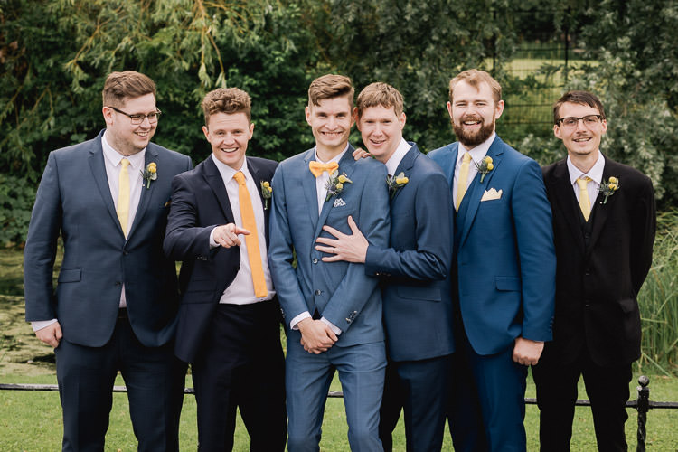 Groom Blue Suit Bow Tie Yellow Groomsman Groomsmen Colourful Indie London City Wedding Clissold House West Reservoir Centre https://www.murrayclarke.co.uk/