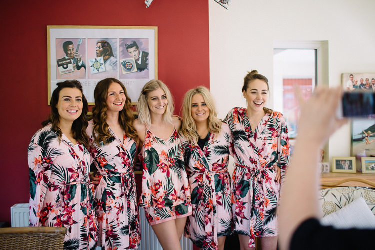 Bridesmaids Floral Dressing Gown Robes Brass Copper Music Filled Barn Wedding East Riddlesden Hall Yorkshire https://www.joestenson.co.uk/