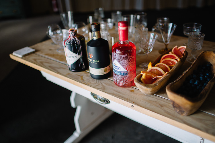 Gin Table Drinks Bar Station Brass Copper Music Filled Barn Wedding East Riddlesden Hall Yorkshire https://www.joestenson.co.uk/