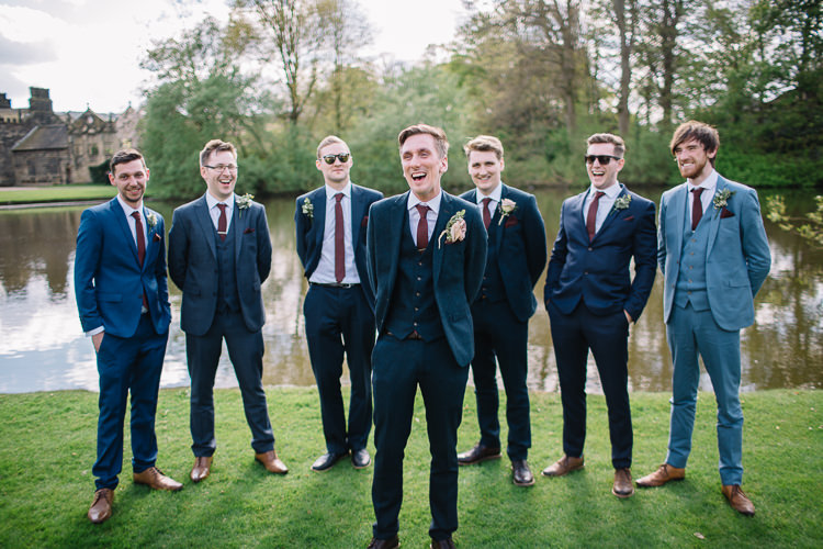 Groom Navy Suit Groomsmen Groomsman Best Man Brass Copper Music Filled Barn Wedding East Riddlesden Hall Yorkshire https://www.joestenson.co.uk/