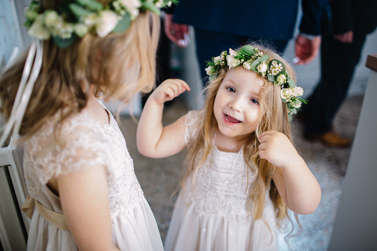 Flower Girls Crowns Dresses Brass Copper Music Filled Barn Wedding East Riddlesden Hall Yorkshire https://www.joestenson.co.uk/