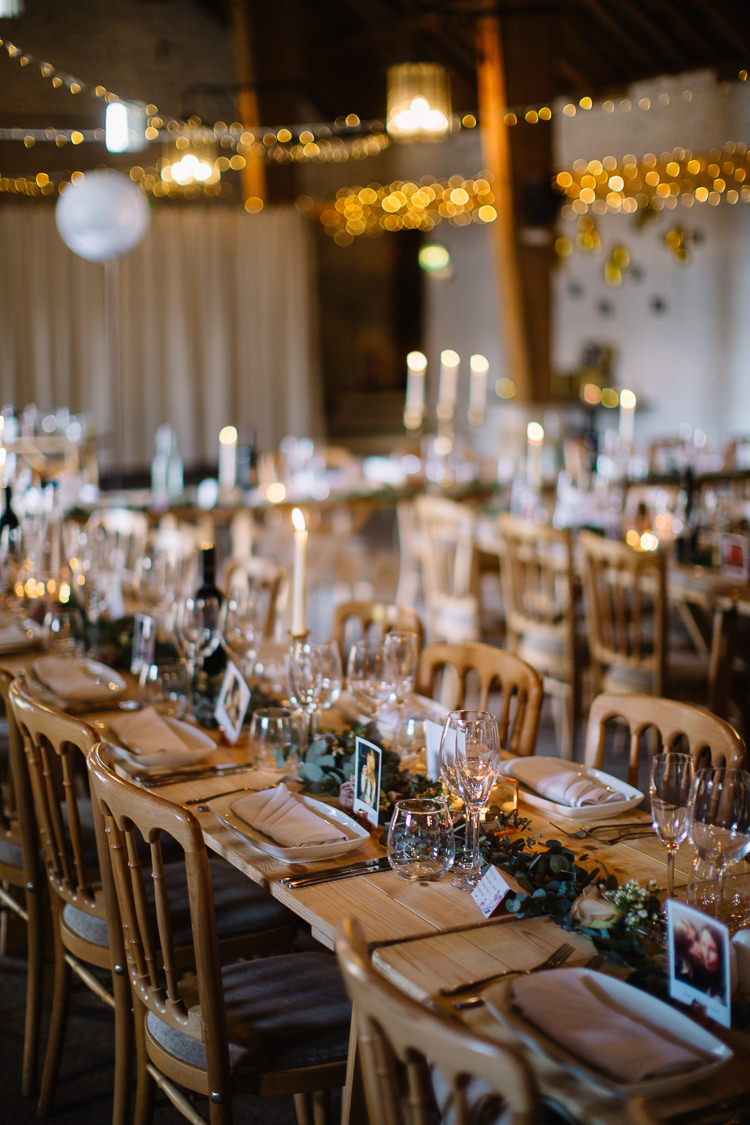 Candles Fairy Lights Greenery Garland Brass Copper Music Filled Barn Wedding East Riddlesden Hall Yorkshire https://www.joestenson.co.uk/