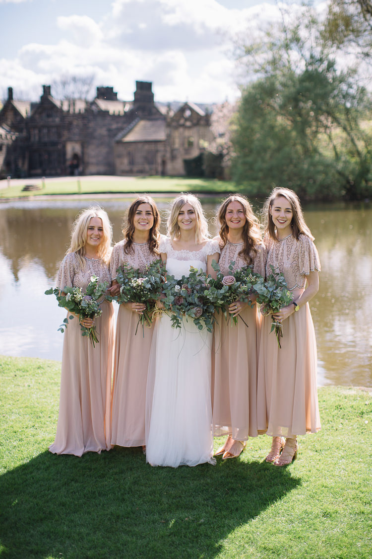 Long Short Blush Pink Sequin Bridesmaid Dresses Sleeves Brass Copper Music Filled Barn Wedding East Riddlesden Hall Yorkshire https://www.joestenson.co.uk/