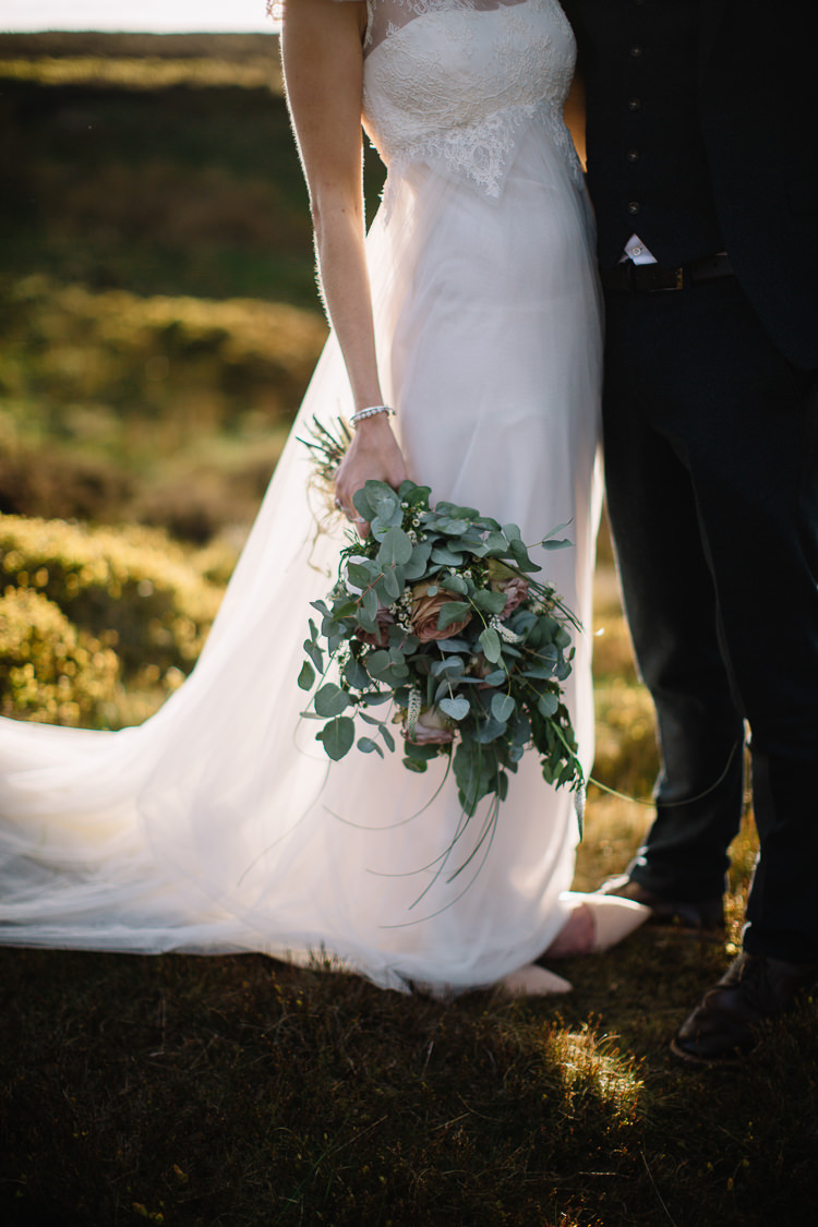 Tulle Dress Gown Train Eucalyptus Rose Bouquet Flowers Bride Bridal Brass Copper Music Filled Barn Wedding East Riddlesden Hall Yorkshire https://www.joestenson.co.uk/