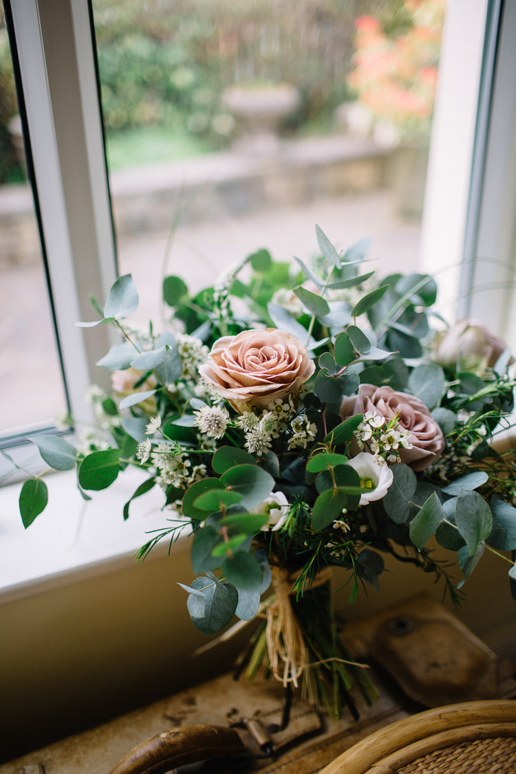 Eucalyptus Rose Bouquet Flowers Bride Bridal Brass Copper Music Filled Barn Wedding East Riddlesden Hall Yorkshire https://www.joestenson.co.uk/