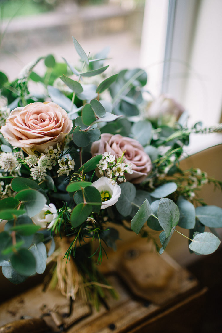 Eucalyptus Rose Bouquet Flowers Bride Bridal Brass Copper Music Filled Barn Wedding East Riddlesden Hall Yorkshire https://www.joestenson.co.uk/