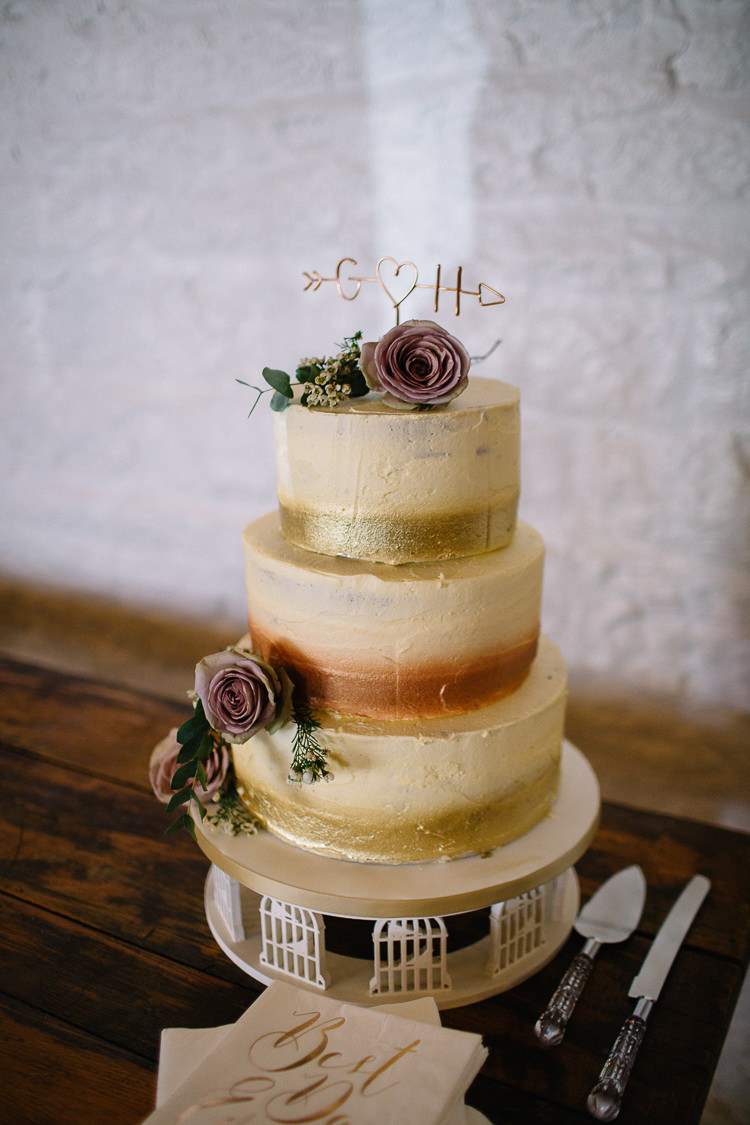 Buttercream Cake Metallic Flowers Topper Wire Brass Copper Music Filled Barn Wedding East Riddlesden Hall Yorkshire https://www.joestenson.co.uk/