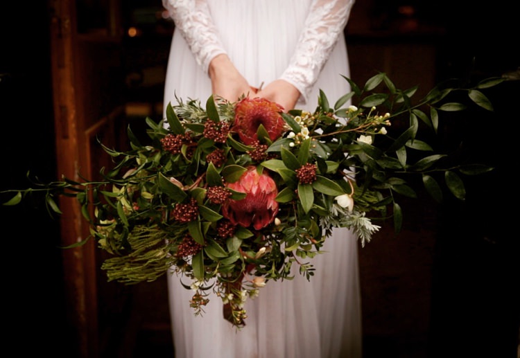 Bouquet Flowers Bride Bridal Red Greenery Ribbon Wild Moody Jewel Tone Velvet Wedding Ideas Sanctum On The Green https://www.hannahmcclunephotography.com/