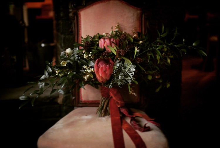 Bouquet Flowers Bride Bridal Red Greenery Ribbon Wild Moody Jewel Tone Velvet Wedding Ideas Sanctum On The Green https://www.hannahmcclunephotography.com/