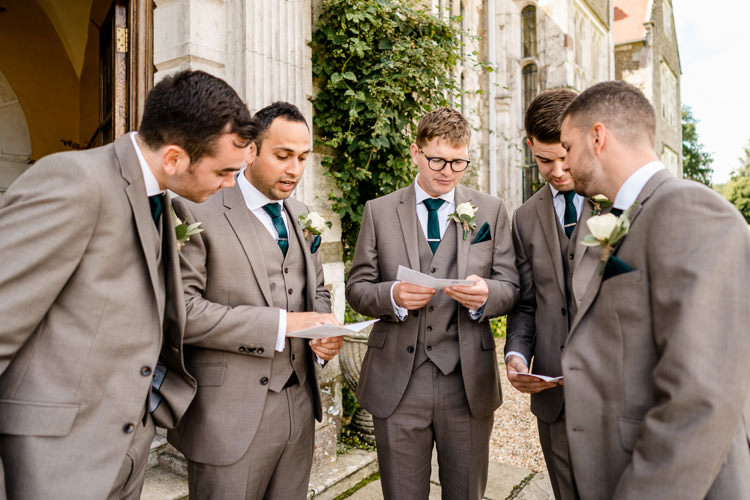 Groomsmen Grey Suits Bottle Green Tie Pocket Square Nostalgic Honest British Loseley Park Wedding Surrey https://www.johnbarwoodphotography.co.uk/