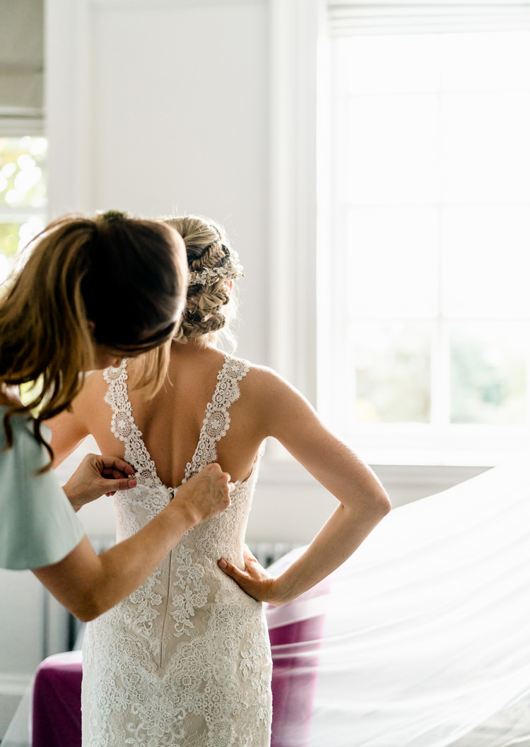 Bride Bridal Lace Thick Wide Straps Floral Pronovias Nostalgic Honest British Loseley Park Wedding Surrey https://www.johnbarwoodphotography.co.uk/
