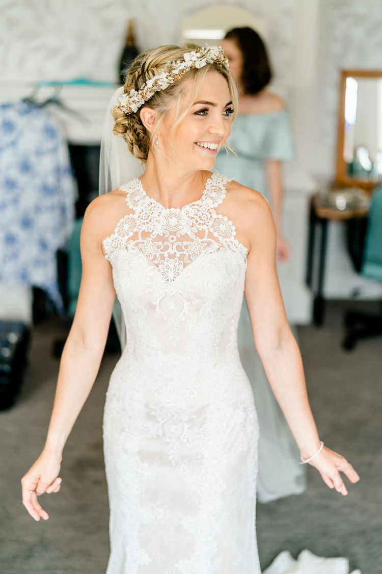 Lace Keyhole Neck Fitted Pronovias Dress Gown Bride Bridal Faux Flower Crown Veil Bouquet Ribbon Nostalgic Honest British Loseley Park Wedding Surrey https://www.johnbarwoodphotography.co.uk/