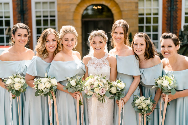 Lace Keyhole Neck Fitted Pronovias Dress Gown Bride Bridal Faux Flower Crown Veil Bouquet Ribbon ASOS Bridesmaids Bardot Off the SHoulder Nostalgic Honest British Loseley Park Wedding Surrey https://www.johnbarwoodphotography.co.uk/