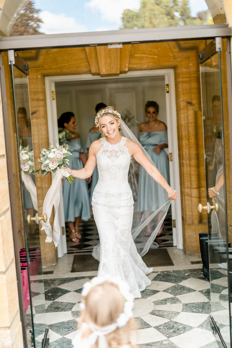 Lace Keyhole Neck Fitted Pronovias Dress Gown Bride Bridal Faux Flower Crown Veil Bouquet Ribbon Flower Girl Nostalgic Honest British Loseley Park Wedding Surrey https://www.johnbarwoodphotography.co.uk/