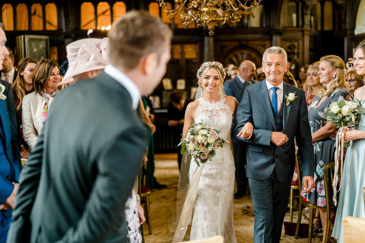 Lace Keyhole Neck Fitted Pronovias Dress Gown Bride Bridal Faux Flower Crown Veil Bouquet Ribbon Nostalgic Honest British Loseley Park Wedding Surrey https://www.johnbarwoodphotography.co.uk/