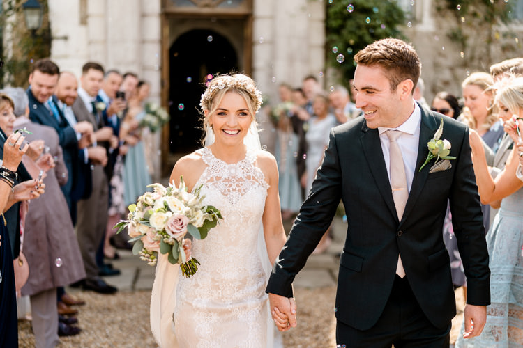 Lace Keyhole Neck Fitted Pronovias Dress Gown Bride Bridal Faux Flower Crown Veil Bouquet Ribbon Reiss Bottle Green Groom Suit Nostalgic Honest British Loseley Park Wedding Surrey https://www.johnbarwoodphotography.co.uk/