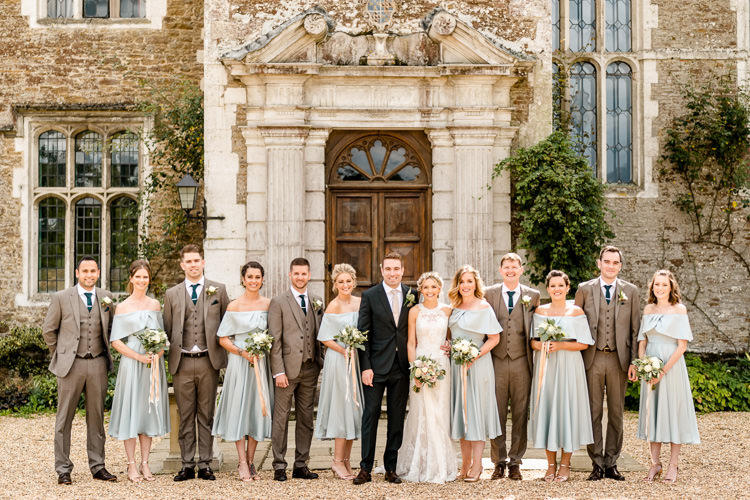 Lace Keyhole Neck Fitted Pronovias Dress Gown Bride Bridal Faux Flower Crown Veil Bouquet Ribbon Bottle Green Reiss Suit Groom Three Piece Waistcoat Groomsmen Bridesmaids Tea Length Off the Shoulder Bardot Nostalgic Honest British Loseley Park Wedding Surrey https://www.johnbarwoodphotography.co.uk/