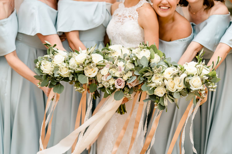 Bride Bridal Bouquet Bridesmaids Cream Rose Eucalyptus Bouquets Ribbons Peach Nostalgic Honest British Loseley Park Wedding Surrey https://www.johnbarwoodphotography.co.uk/