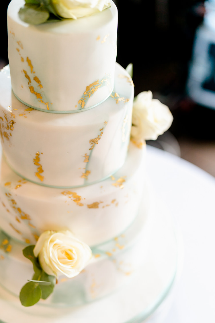 Cake Marble Gold Leaf Four Tier Cream Rose Nostalgic Honest British Loseley Park Wedding Surrey https://www.johnbarwoodphotography.co.uk/
