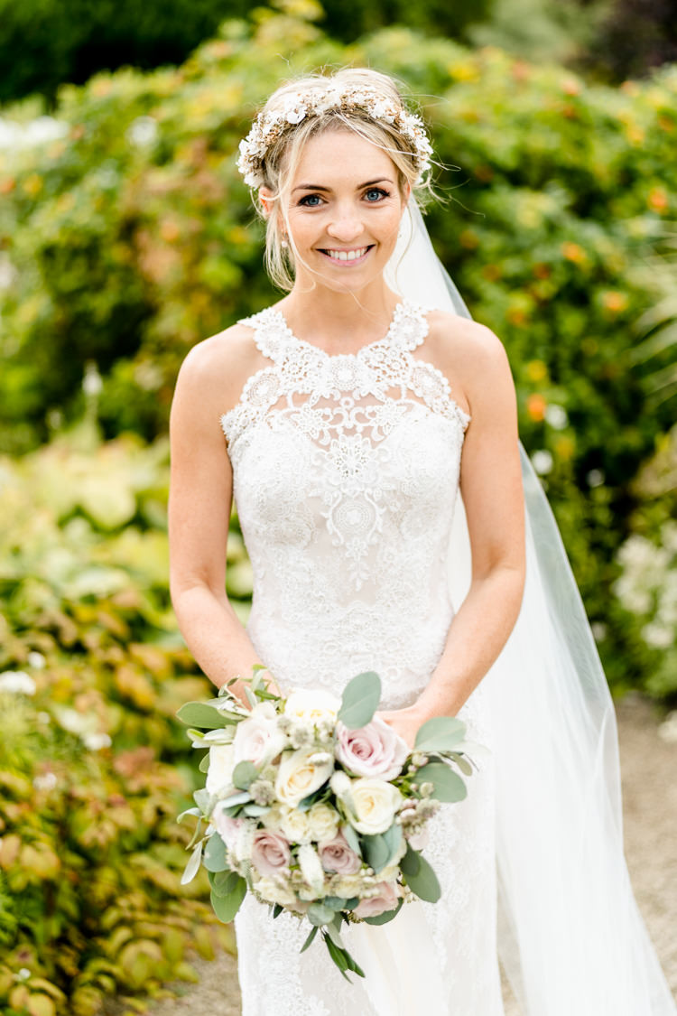 Lace Keyhole Neck Fitted Pronovias Dress Gown Bride Bridal Faux Flower Crown Veil Bouquet Ribbon Nostalgic Honest British Loseley Park Wedding Surrey https://www.johnbarwoodphotography.co.uk/