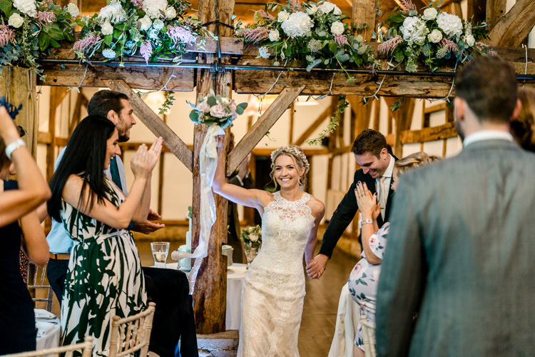 Lace Keyhole Neck Fitted Pronovias Dress Gown Bride Bridal Faux Flower Crown Veil Bouquet Ribbon Greenery Florals Beam Nostalgic Honest British Loseley Park Wedding Surrey https://www.johnbarwoodphotography.co.uk/