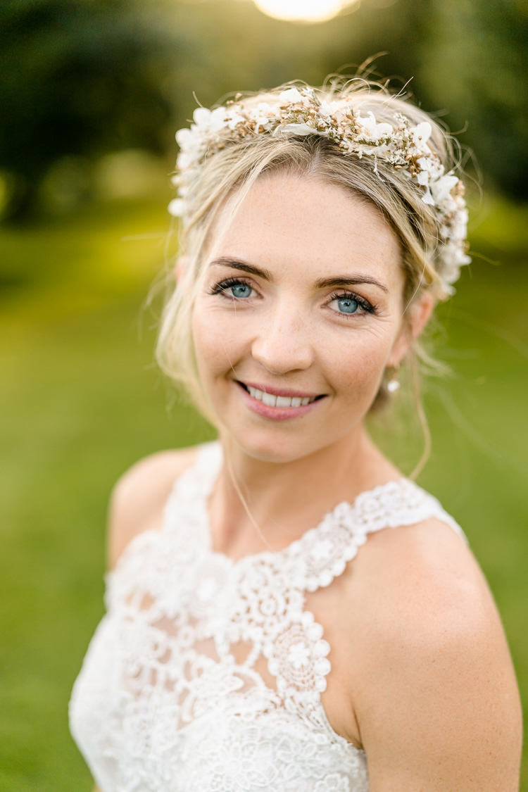 Bride Bridal Fake Faux Flower Crown Keyhole Neckline Lace Pronovias Nostalgic Honest British Loseley Park Wedding Surrey https://www.johnbarwoodphotography.co.uk/
