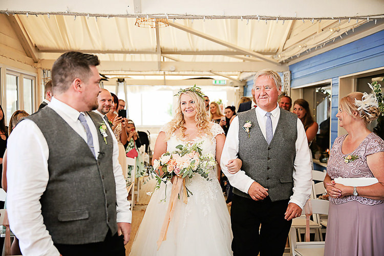 Bride Bridal Dress Gown Lace V Neck Cap Sleeve Pink Peach Bouquet Groom Waistcoat Tweed Grey Pretty Sparkly Lusty Glaze Beach Cornwall Wedding http://victoriamitchellphotography.com/