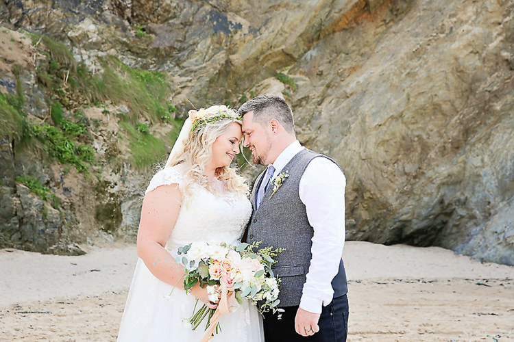 Bride Bridal Dress Gown Lace V Neck Cap Sleeve Pink Peach Bouquet Groom Waistcoat Tweed Grey Flower Foliage Crown Pink Peach Eucalyptus Bouquet Pretty Sparkly Lusty Glaze Beach Cornwall Wedding http://victoriamitchellphotography.com/