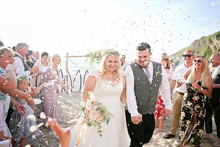 Bride Bridal Dress Gown Lace V Neck Cap Sleeve Pink Peach Bouquet Groom Waistcoat Tweed Grey Flower Foliage Crown Confetti Pretty Sparkly Lusty Glaze Beach Cornwall Wedding http://victoriamitchellphotography.com/