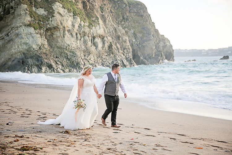 Bride Bridal Dress Gown Lace V Neck Cap Sleeve Pink Peach Bouquet Groom Waistcoat Tweed Grey Flower Foliage Crown Pretty Sparkly Lusty Glaze Beach Cornwall Wedding http://victoriamitchellphotography.com/