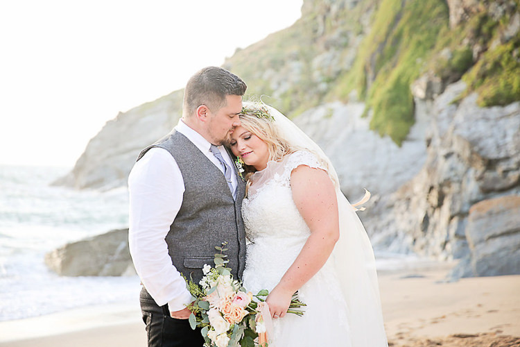 Bride Bridal Dress Gown Lace V Neck Cap Sleeve Pink Peach Bouquet Groom Waistcoat Tweed Grey Flower Foliage Crown Pretty Sparkly Lusty Glaze Beach Cornwall Wedding http://victoriamitchellphotography.com/